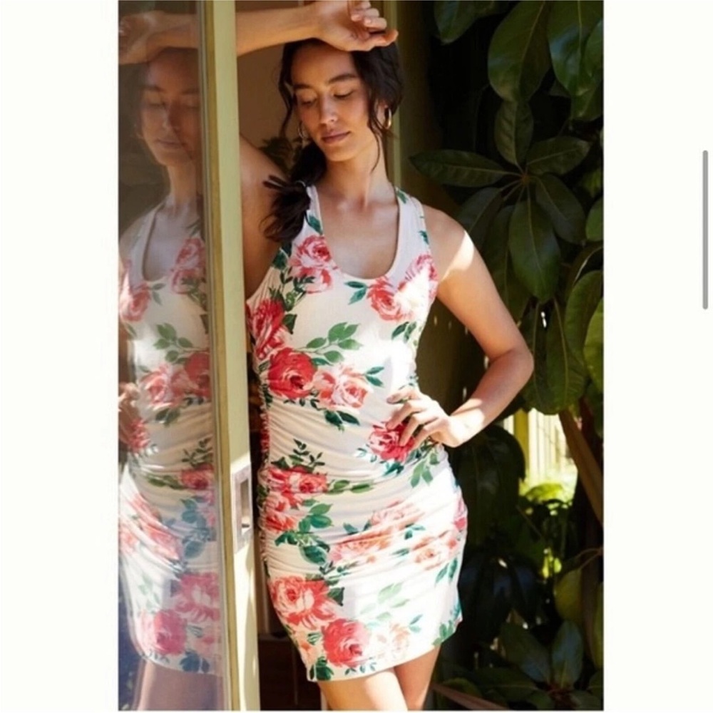 Anthropologie Daily Practice Tank Dress Pink Floral Ruched Knit Eureka size S
